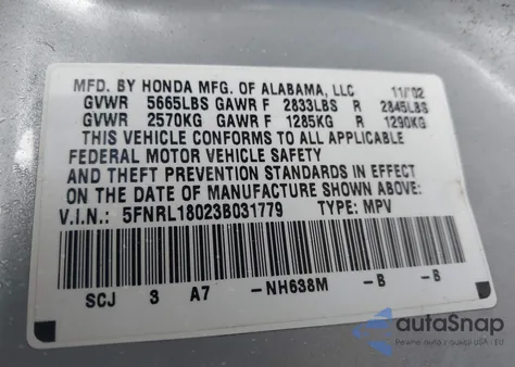 2003 Honda Odyssey Ex-L из США, поврежденный, VIN 5FNRL18023B031779